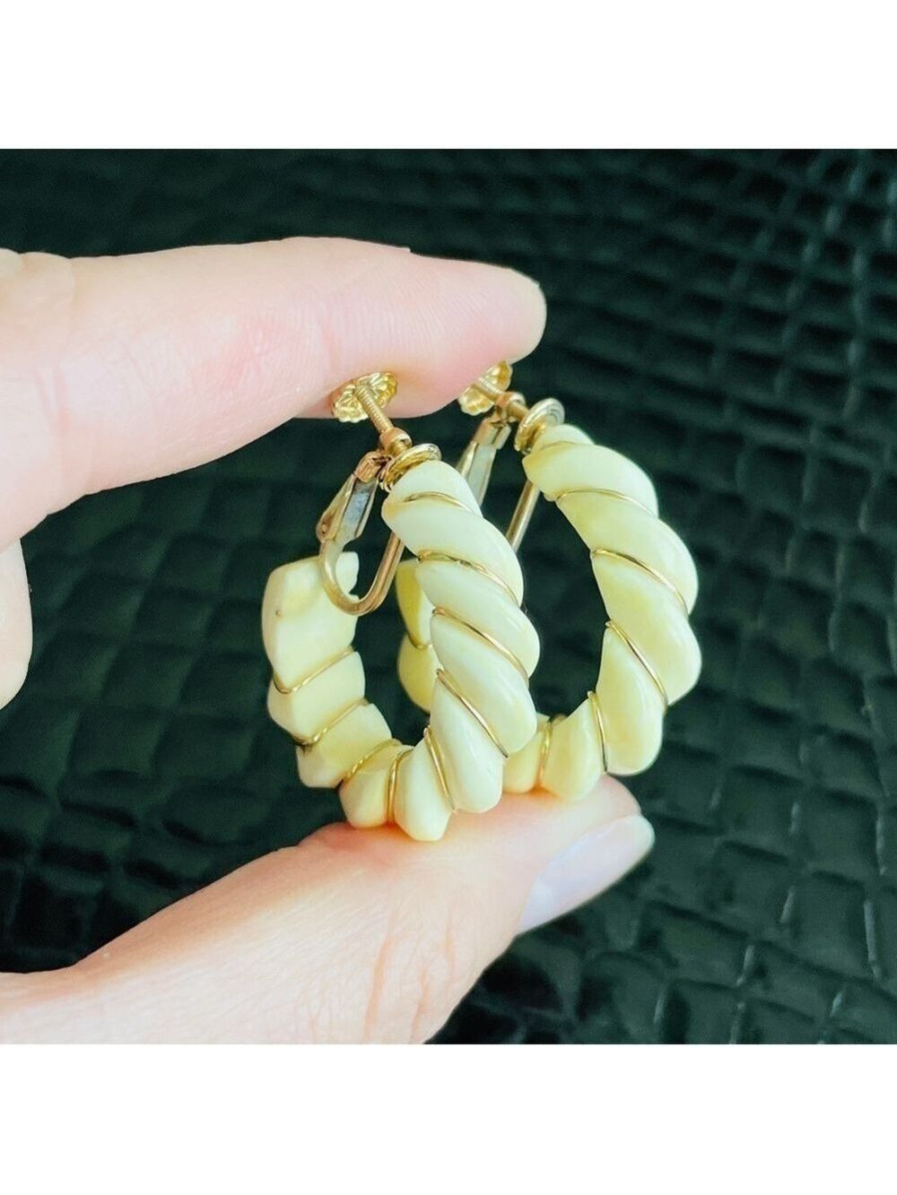 14k Gold Carved Bovine Bone Vintage Retro Scalloped Shrimp Hoop Clip On …